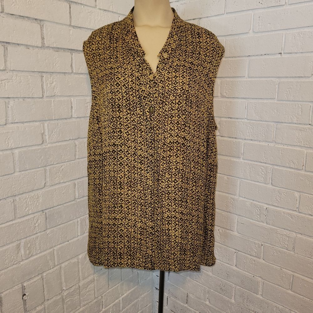 Rena Rowan 100% Silk Blouse - Women's 20W - Tan/Black Geometric Print Sleeveless